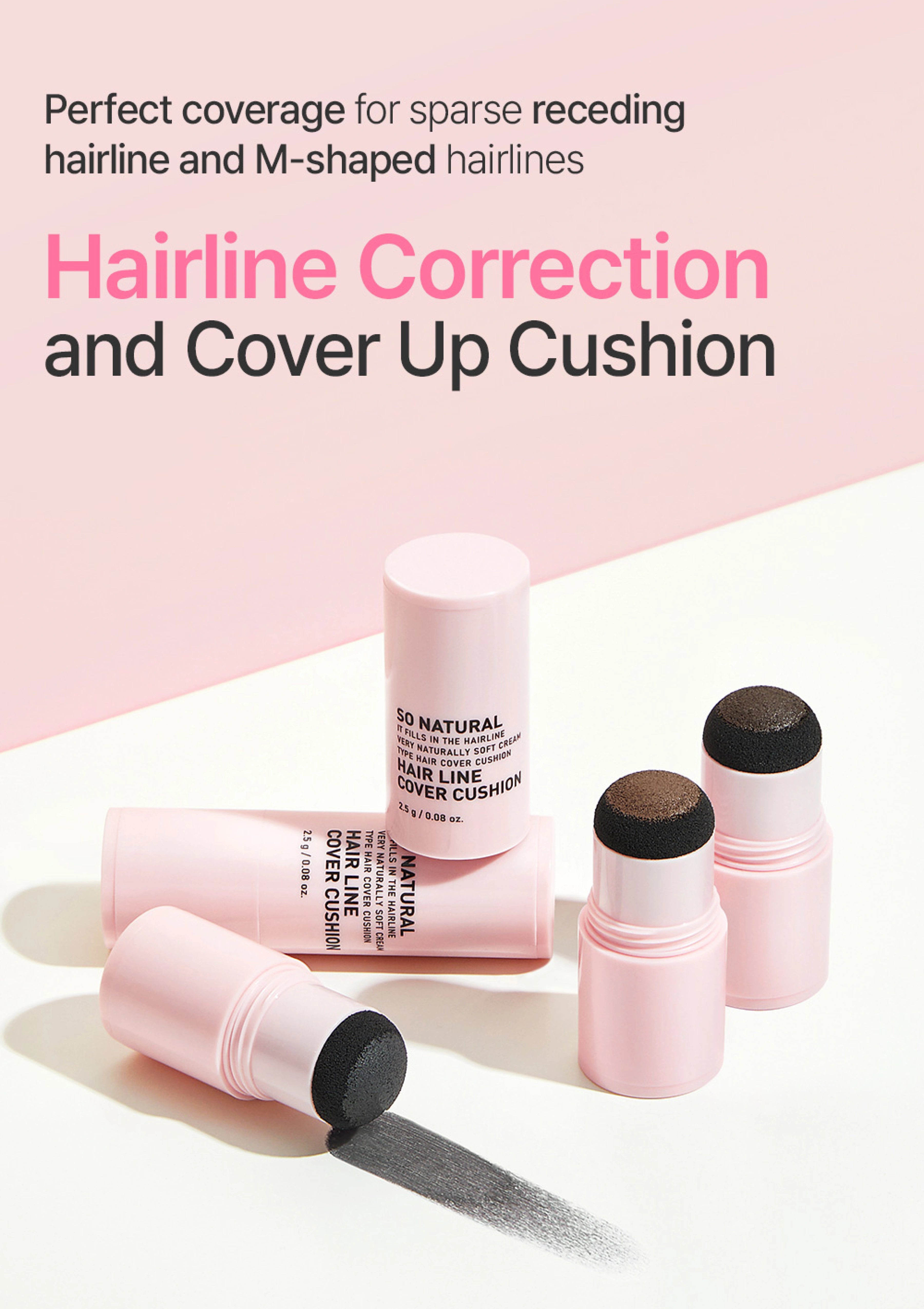 Hairline correction and cover up cushion with product packaging on a light pink background